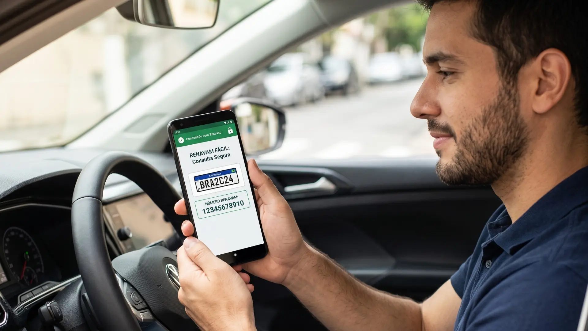 Motorista consultando o número do Renavam pela placa no celular dentro do carro